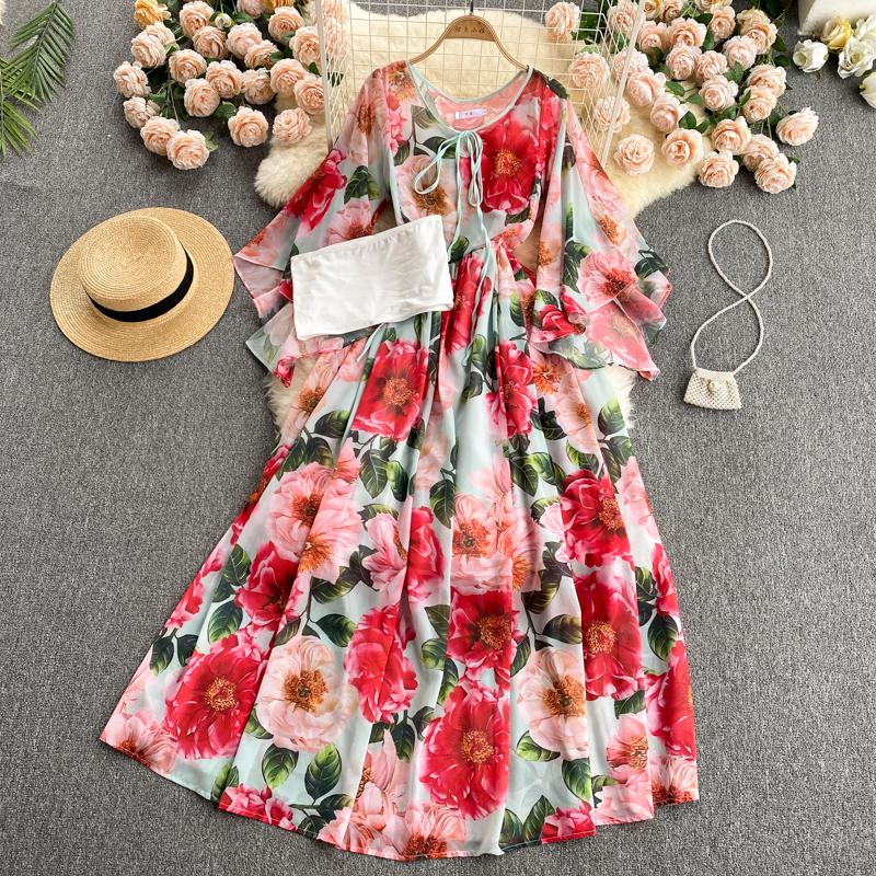 Summer Flower Series Elegant Print Fairy New Seaside Holiday Bell Sleeve Flowy Chiffon Dress