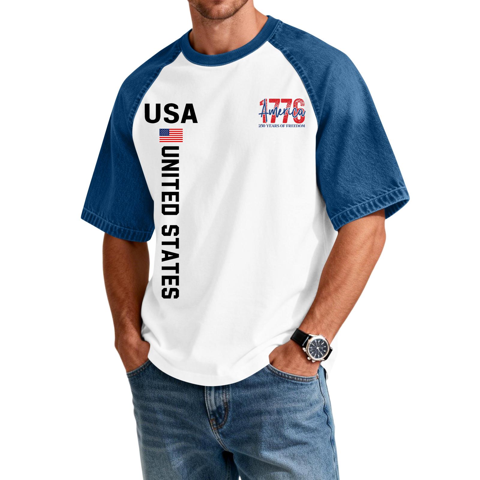 

Men s Denim Patchwork Shirt, Casual Short-sleeved Comfortable T-shirt, Fashionable For Spring And Summer. XL білий