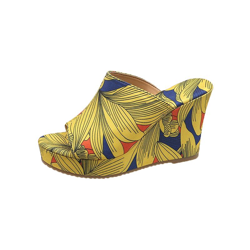 Fashion Slope Slippers Summer New Round Head Open Toe Printed Waterproof Table Cover Foot Anti-slip Wear-resistant High Heels