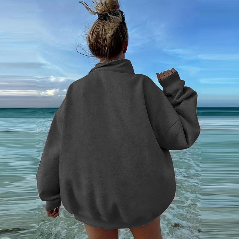 Half Zipper Stand Collar Sweatshirt Women Loose Long Sleeve Hoodie Autumn Winter Solid Color Casual Sport Pullover