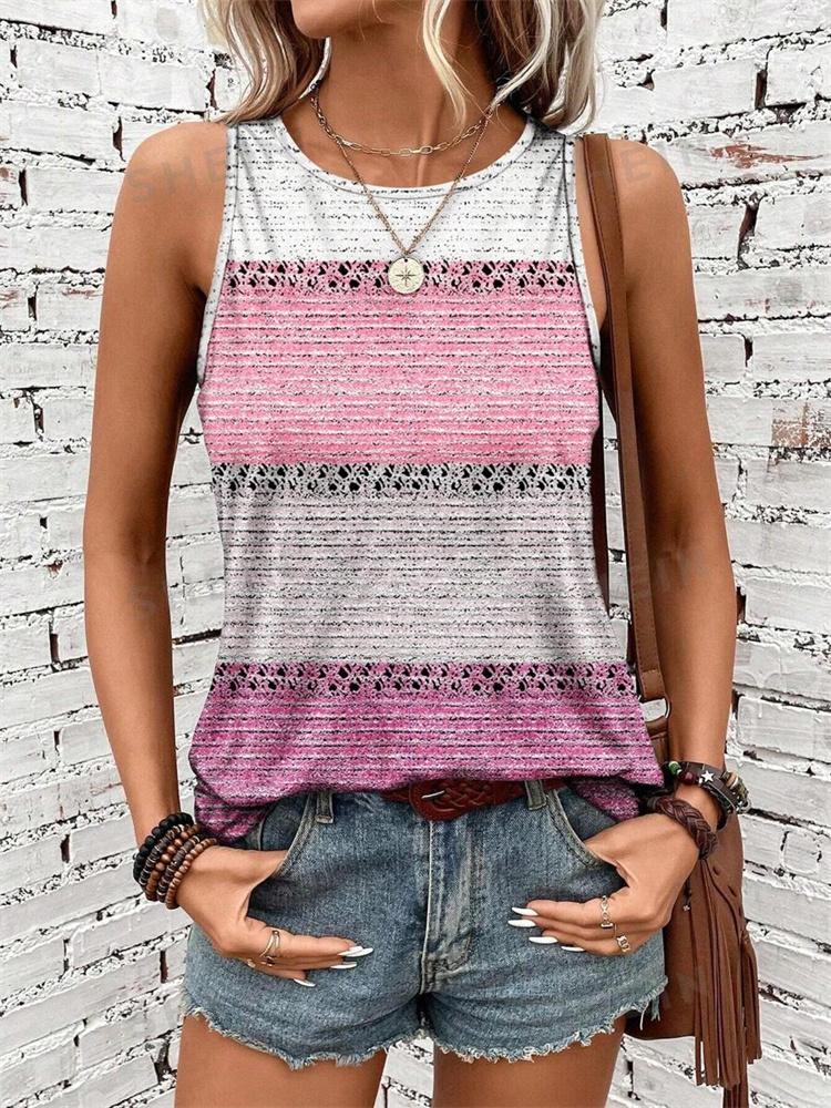 2026 New Striped Print Women's Elegant Tank Top Summer Street Fashion Tank Top Everyday Casual Women's Sleeveless T-shirt