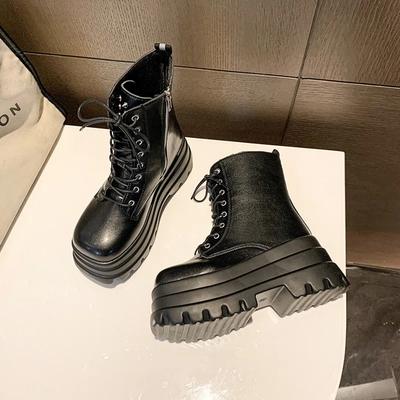 Moda Outono Inverno Botas Plataforma Pretas Mulheres Novo Designer Sola Macia Aumento Senhoras Sapatos Moda Tamanho Grande Botas de Motocicleta Feminina