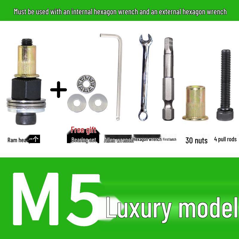 Multi-Purpose Electric Rivet Tool with Manual Wrench and Nut Head Attachment