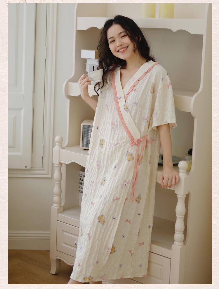 2025 Summer Kimono Maternity Nightdress - Crinkle Cotton, Postpartum Mid-Length, Short Sleeve Nursing Dress