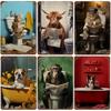 Funny Animal Posters Metal Tin Sign Plaque Dog Monkey Reading Newspapers Decorative Plates For Toilet Bathroom Wall Art Decor