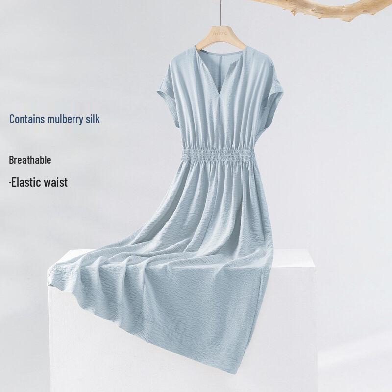 IHIMI Women s Silk-Blend V-Neck A-Line Midi Dress M