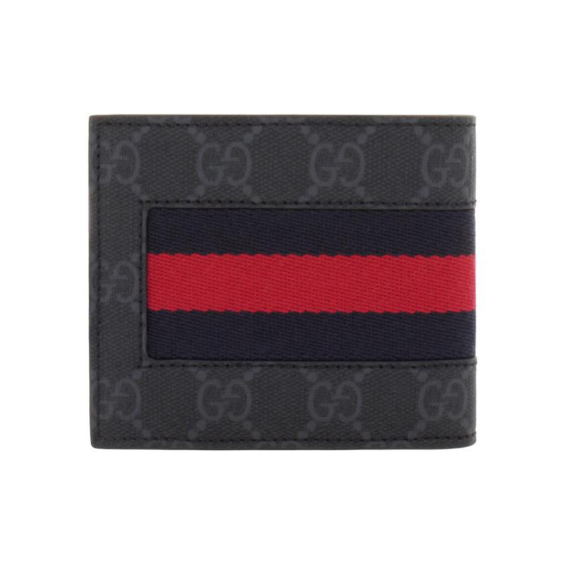 Gucci GG Supreme Presbyopia Logo Striped Web Short Bifold Canvas and Leather Wallet Mini Men's Black Gray