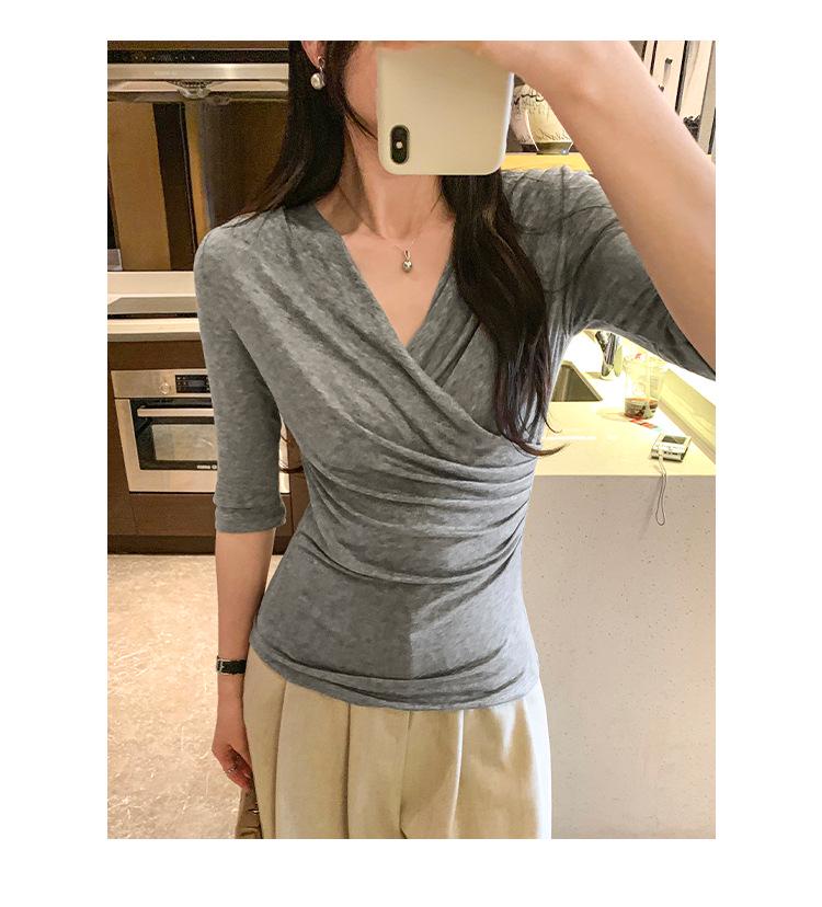 Women's Slim-Fit Tencel Wool V-Neck Mid-Sleeve Top - Korean Style, Spring/Summer 2026 Collection