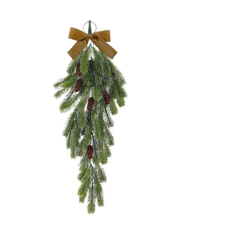 Upside Down Teardrop Christmas Tree Ornament with Bow, Red Berries, and Flocked PE Garland