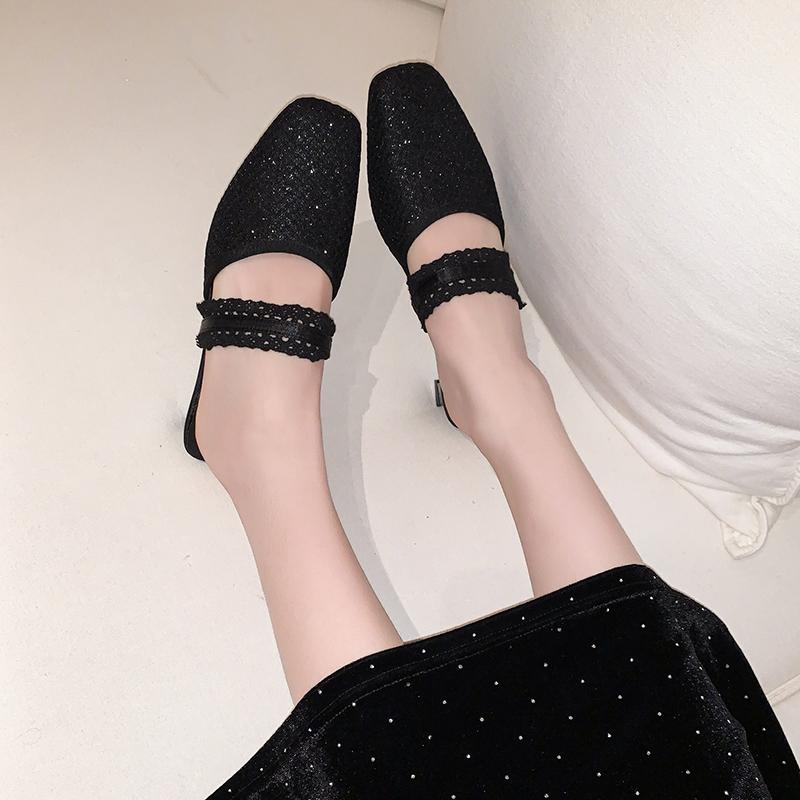 Fashion Mesh Covered Head Slippers Summer New Square Head Shallow Mouth Sequin Metal Buckle Non-slip Square Heel Shoes