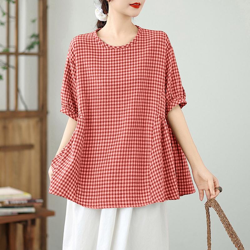 

ZANZEA Женская повседневная блузка с круглым вырезом, принтом в клетку, свободного кроя, с короткими рукавами 5XL красный