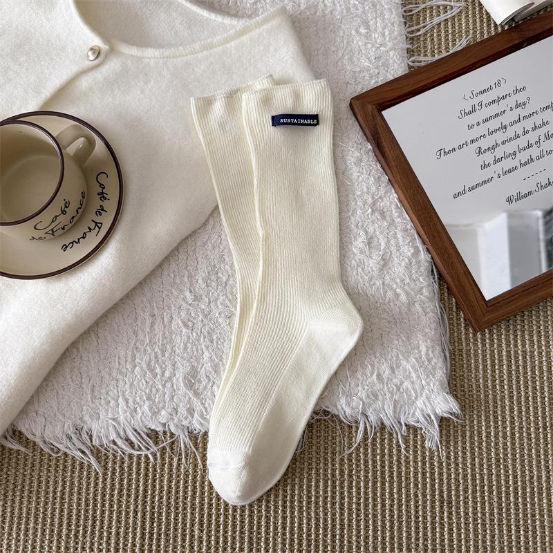 High-End Calf Socks Season Letter Label Double Needle Long Tube Stacking Socks Solid Color Versatile Fashion Trendy Socks