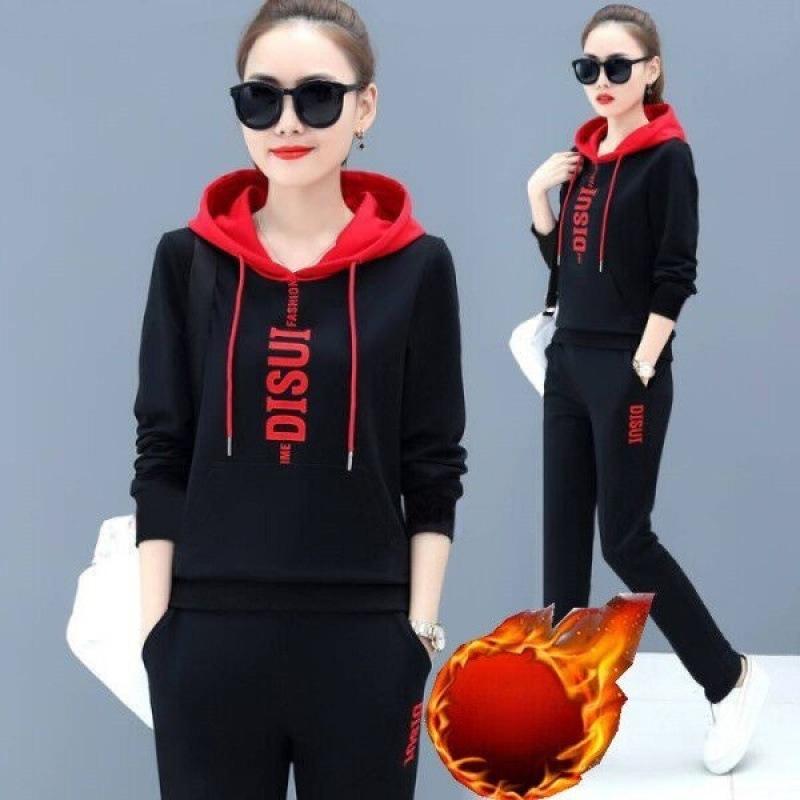 Casual Sportswear Set for Women - Fall/winter Loose Hooded Thick Fleece Pullover Set of Two Pieces