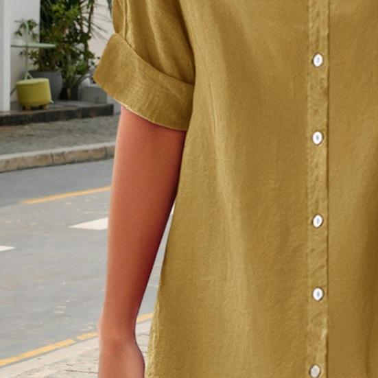 Women Shirt V-Neck Half Sleeve Buttons Placket Shirt Solid Color Loose Fit Summer Casual