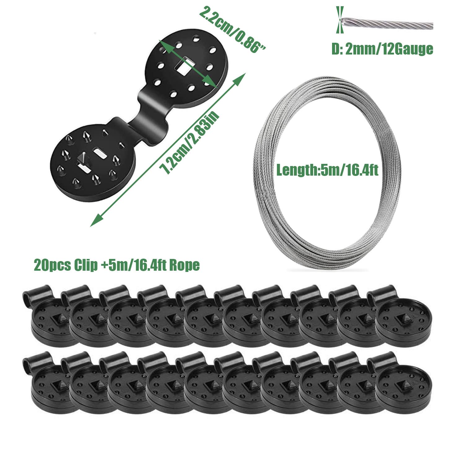 

20 шт. съемный зажим для солнцезащитной сетки, тросы из нержавеющей стали с набором для тепличной пленки, зажим для солнцезащитной сетки, уличная палатка, висит, инструмент для расширения DIY 20Pcs Black S + 5M Rope