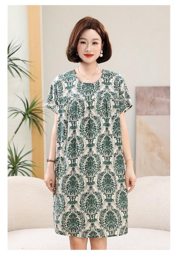 Summer Cotton Silk Knee-Length Floral Dress for Middle-Aged and Elderly Women - Short Sleeved, Lightweight, Plus Size, Loose Fit