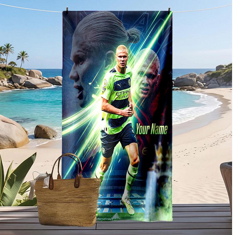 Erling Haaland Personalized Printed Beach Towel Soccer Logo Support Custom Name Text Absorbent Towel For Sport Travel Special Gift