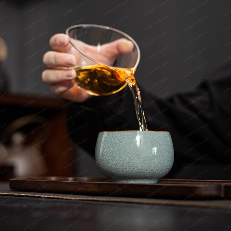 Ru Kiln Ice Crack Glaze Teacup, Handmade Ceramic Gongfu Tea Set, Personal Master Cup with Gift Box