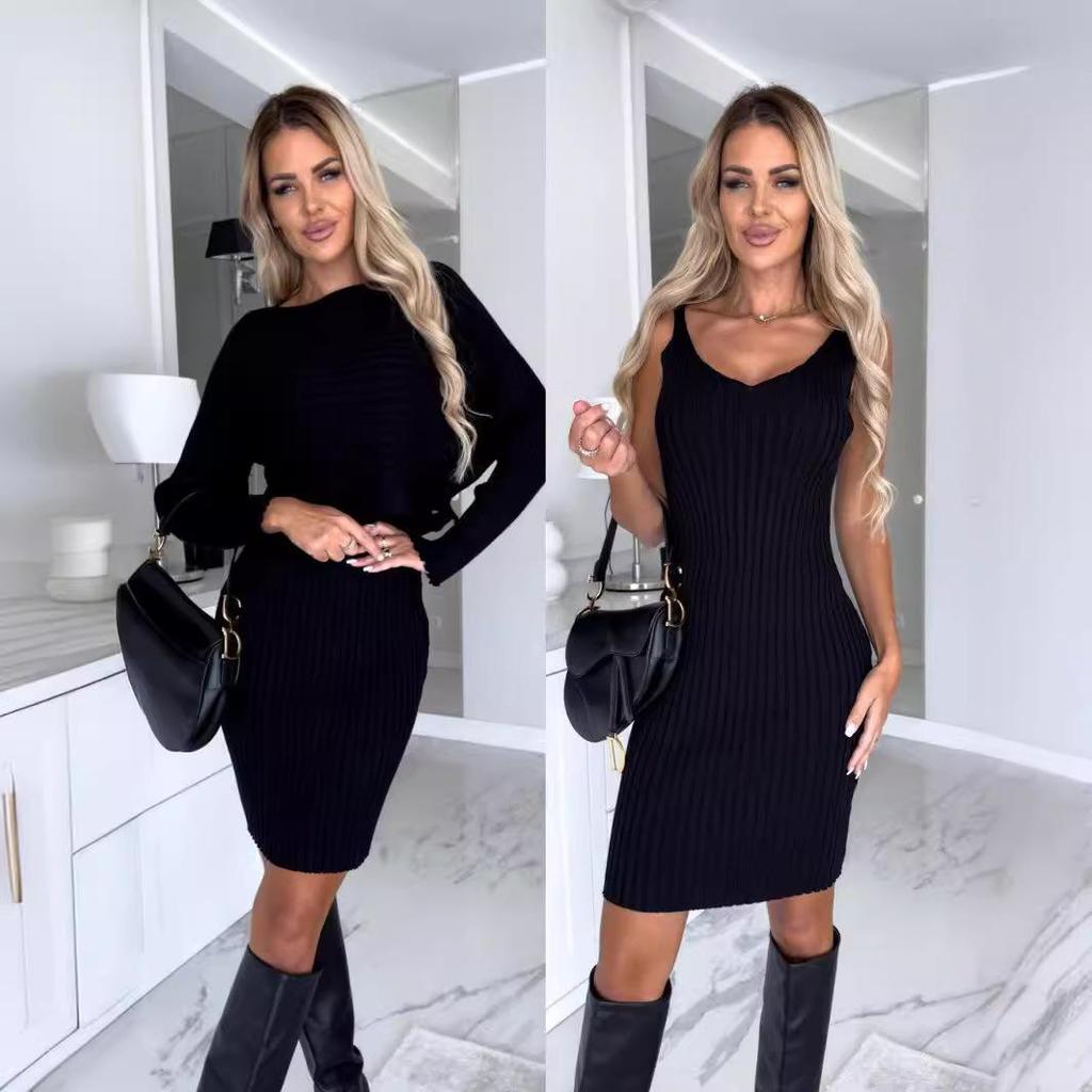 2023 European and American Autumn Fashion Set: Ribbed Long-Sleeved Top + Camisole Dress for Women