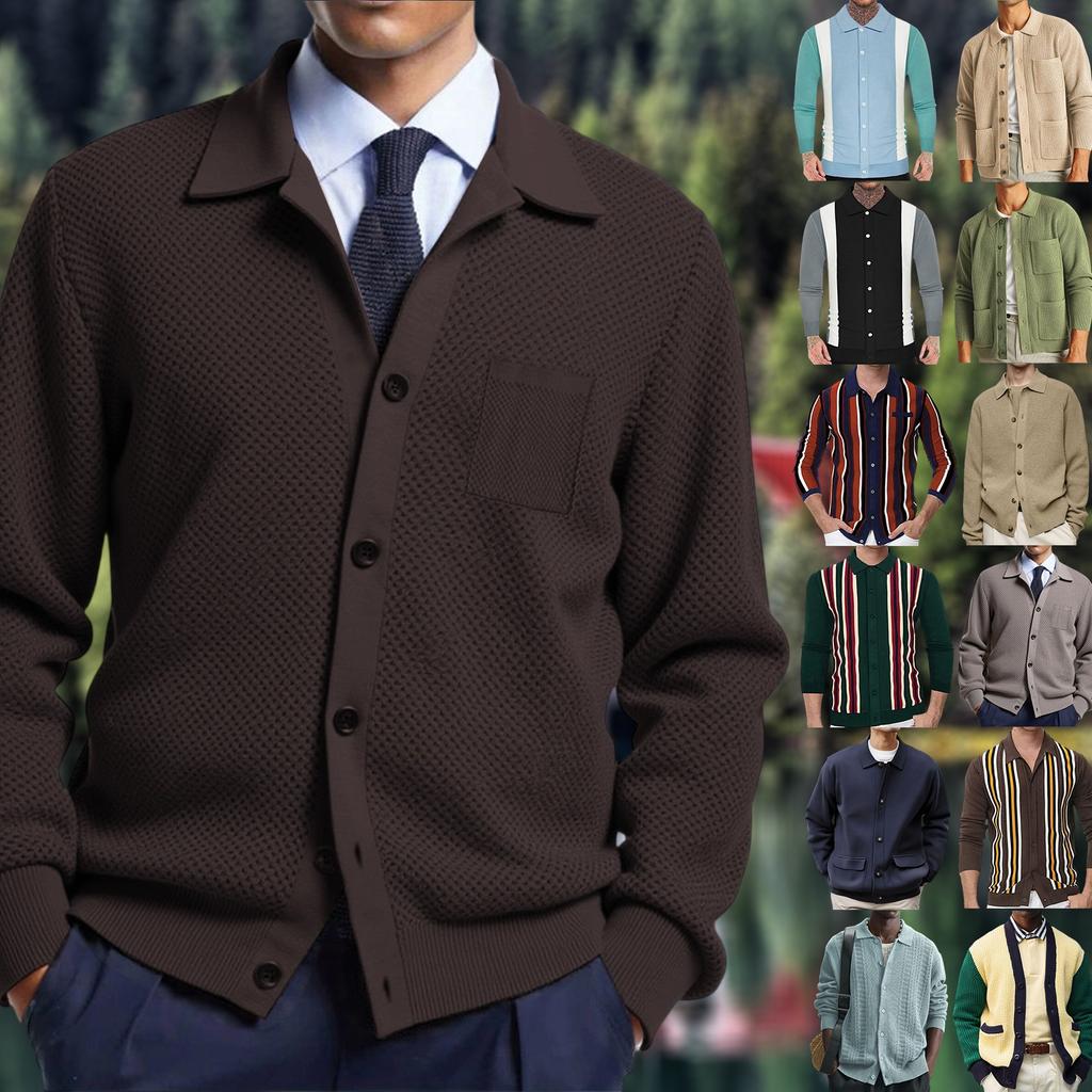 Men's Casual Solid Color Knitted Cardigan With Lapel Outerwear