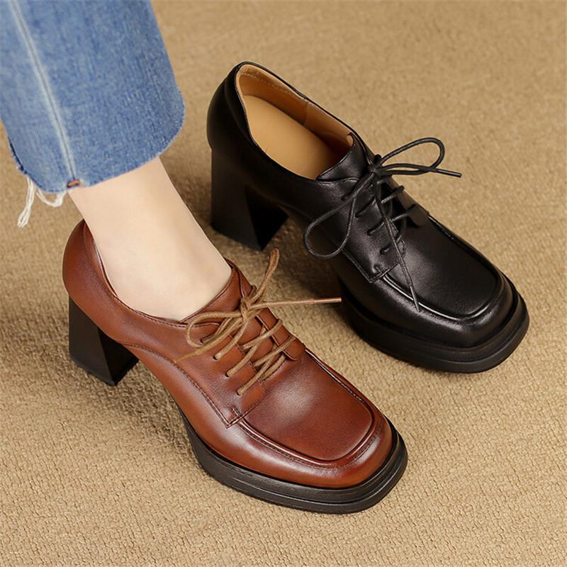 Fashion 2025 New Spring/Autumn Square Toe Chunky Heel Genuine Leather Women Pumps Lace Loafers Shoes for Women Ladies Shoes High Heels