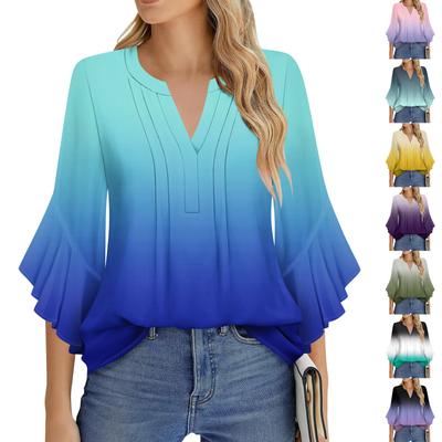 Women's Fashion Casual Pleated V-Neck Solid Color Three-quarter Sleeve T-Shirt Elegant Top