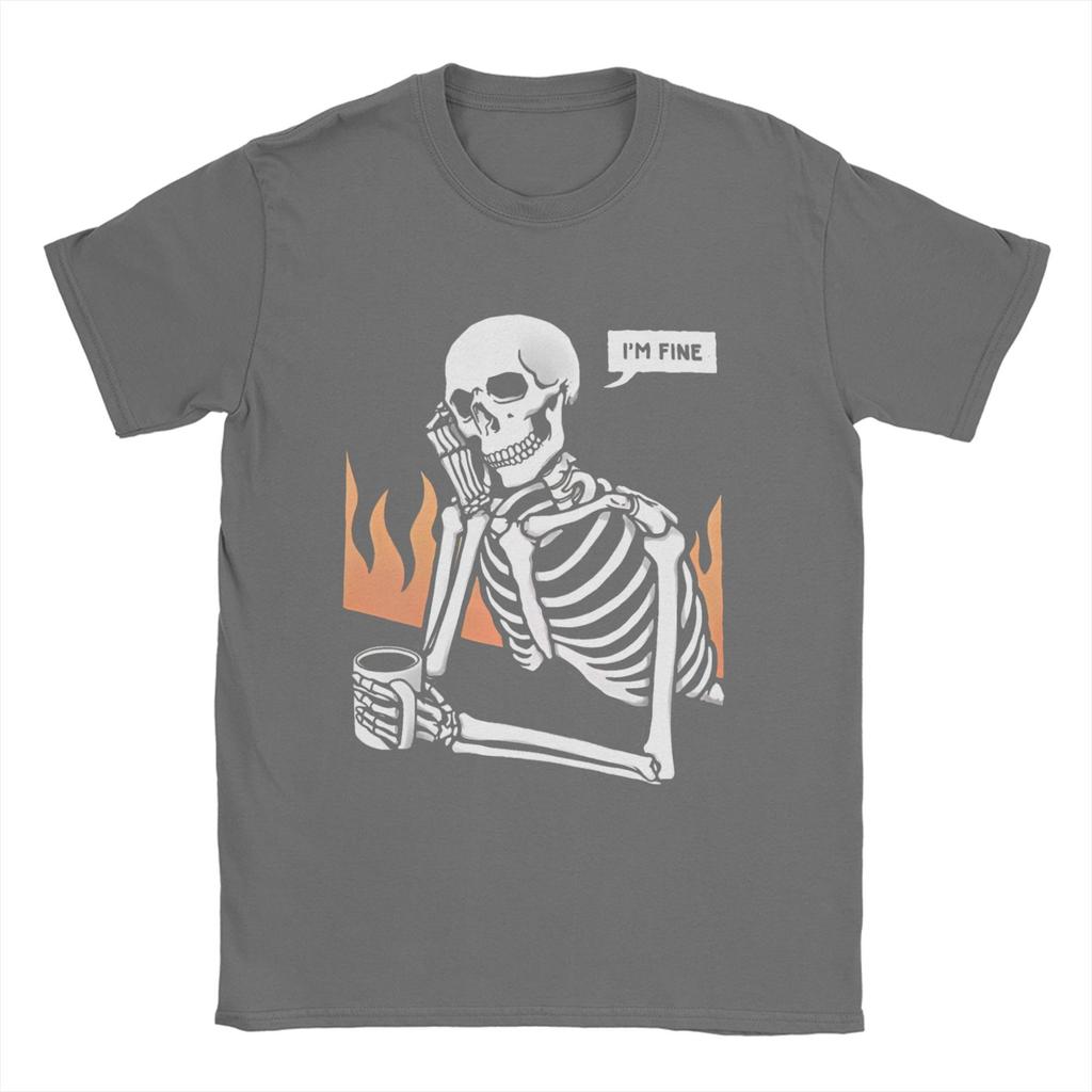 Novelty Skeleton Eternal Lovers  TShirt for Men O Neck Cotton T Shirt    I Am Fine  Short Sleeve Tees Party Tops