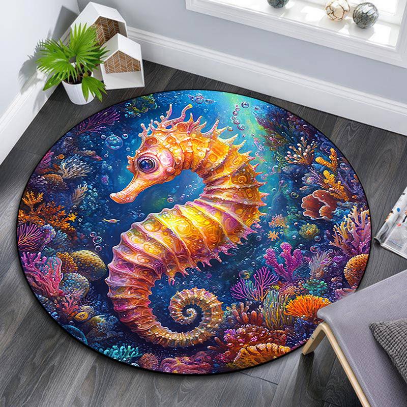 Seahorse Round Area Rug,Carpet Rug for Living Room Bedroom Sofa Playroom Decor,Non-slip Floor Mat