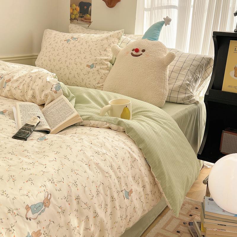 Juego de cuatro piezas de algodón puro de 60 hilos, cama gruesa de algodón puro, juego de tres piezas, algodón de fibra larga, funda de edredón pequeña y fresca, sábana ajustable