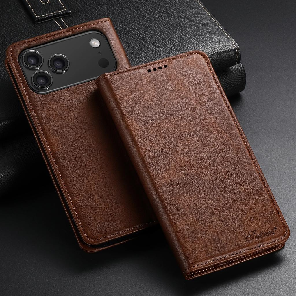 Plain Leather Card Holder Case for iPhone 18 Pro Max 17 Air 17E 16E 16 Pro 15 14 13 12 Mini 11 Magnetic Button Wallet Flip Cover