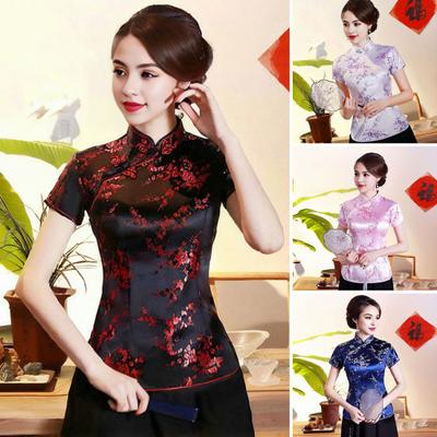 Women Retro Qipao Tops Stand Collar Short Sleeve Floral Print Traditional Chinese Tops New Year Cheongsam Tops Women Clothes