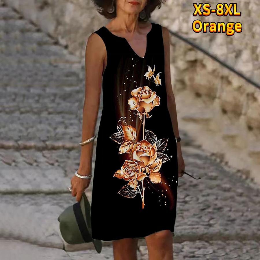 

Женское летнее платье с V-образным вырезом, красивое фиолетовое платье с принтом розы на воде, повседневное модное платье без рукавов, повседневные свободные сексуальные платья размера плюс XS-8XL 4XL оранжевый