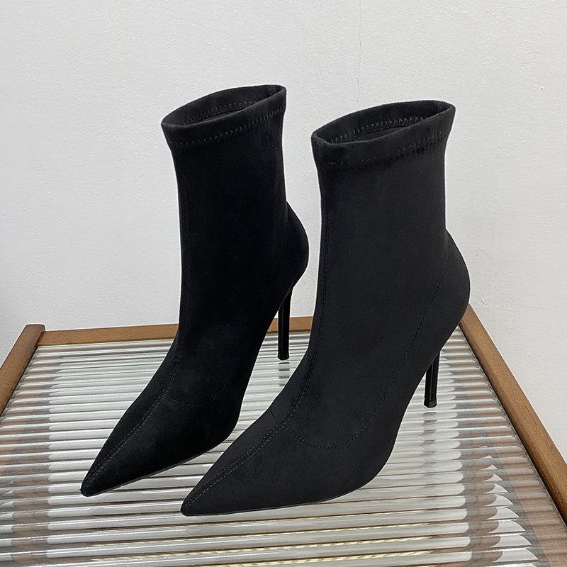 High-heeled Short Boots Women's Autumn and Winter Temperament Socks Boots Thin-heeled Pointed French Suede Elastic Thin Boots