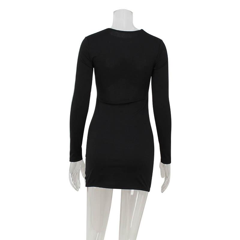 Autumn and Winter Women's Fashion Sexy Hollow Round Neck Long Sleeve Slit Spice Girl Dress