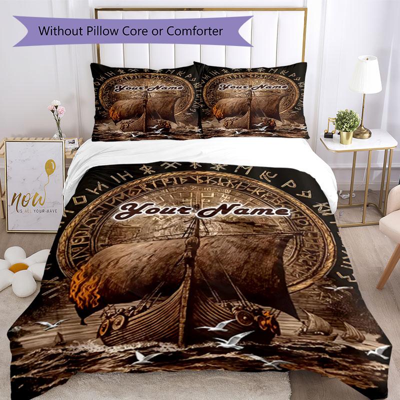 3PC Custom Name Ship Norse Mythology Bedding Set Printed Bedding Set Duvet Cover Closure Includes 1 Duvet Cover & 2 Pillowcases for All Seasons Bedroo