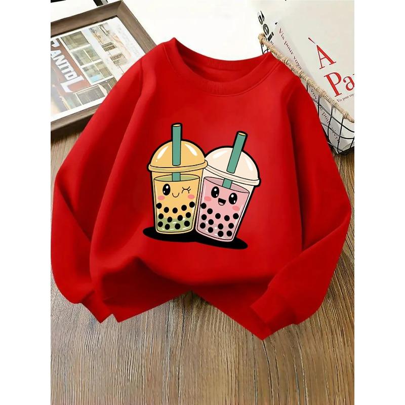 European sizes Kids' Crewneck Sweatshirt - Cute Bubble Tea Faces with Straws , Sportswear And Casual Wear, Soft And Comfortable, Children's Clothing