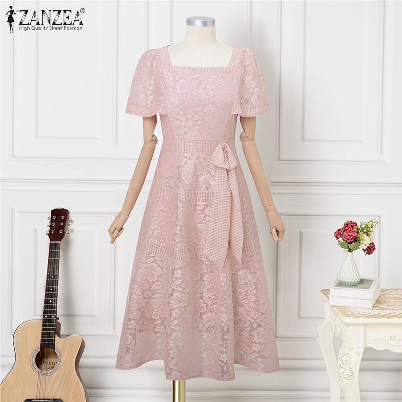 ZANZEA Women Casual Square Collar Summer Short Sleeve Lace Dress Elegant