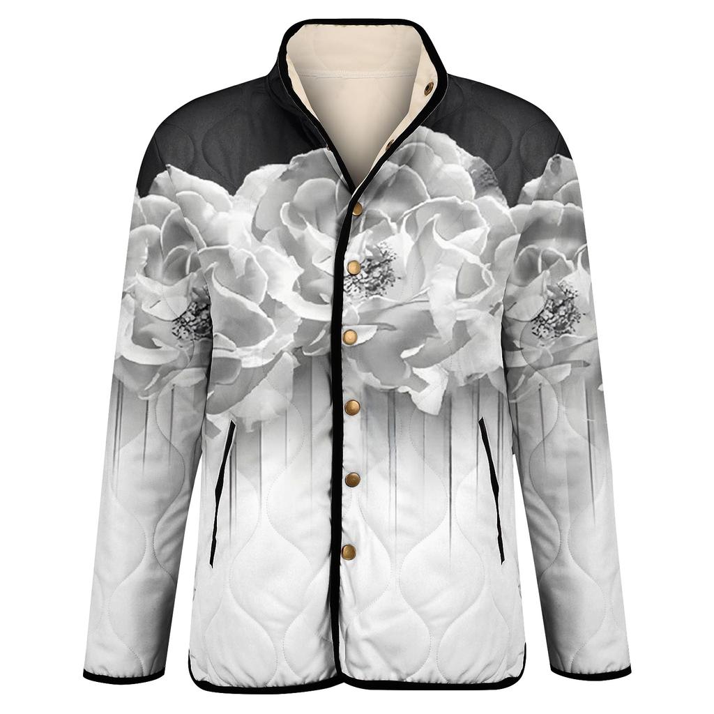 Women's Floral Print Stand Up Collar Pleated Cotton Long Sleeved Button Cotton Jacket