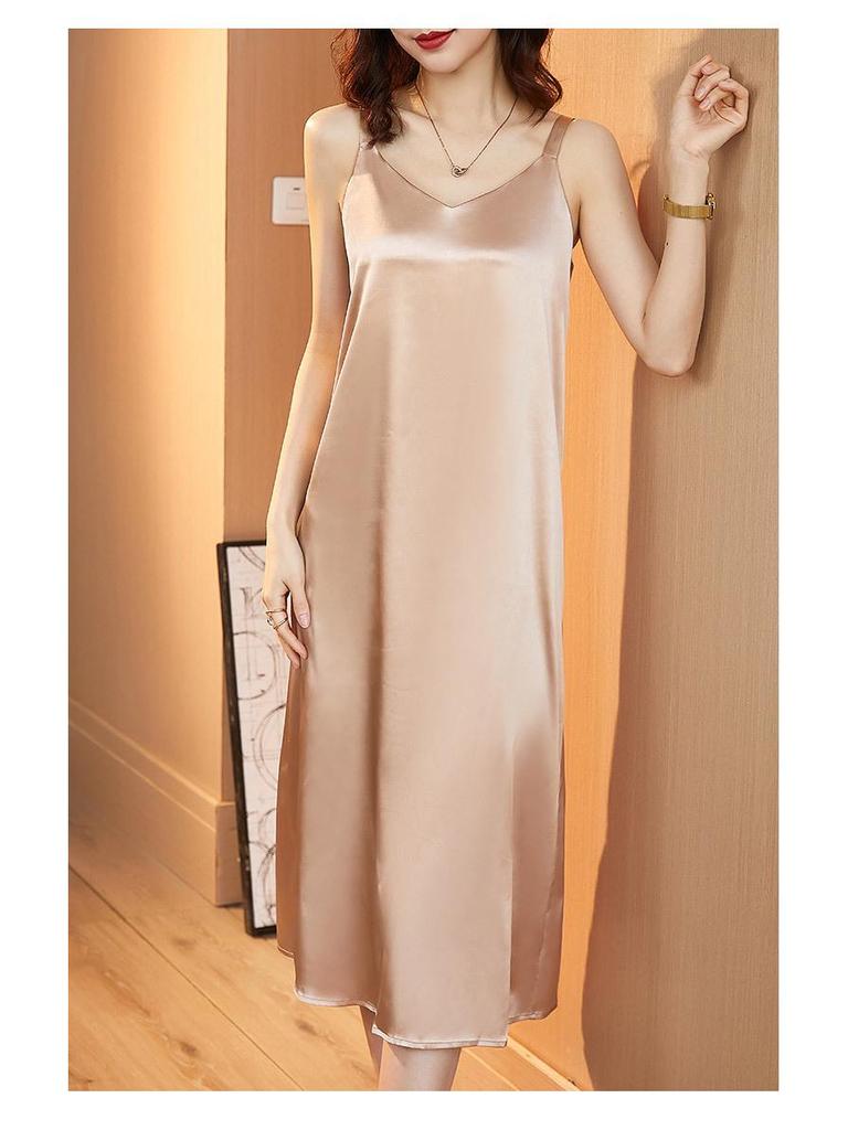 Women's Plus Size V-Neck Silk Satin Lace Camisole Dress – Sleeveless, Loose Fit for Spring & Summer Wear