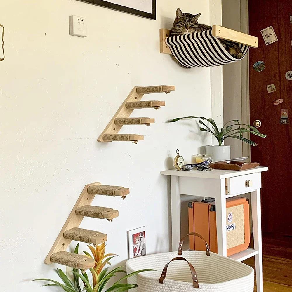 Cat Sky Park Wall-mounted Cat Tree Cat Jumping Platform Includes Sisal Scratching Board Suspension Bridge Soft Bed with Step