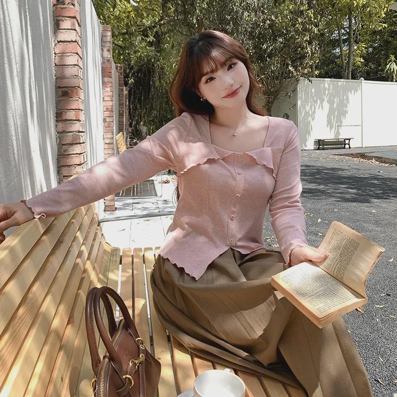 Women's Plus Size Square Collar Long-Sleeve Slimming T-Shirt for Spring