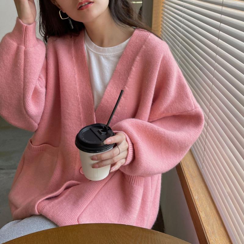 Large Pocket Knitted Women Cardigan Korean Autumn Loose V-neck Solid Color Versatile Sweaters Temperament Casual Coat
