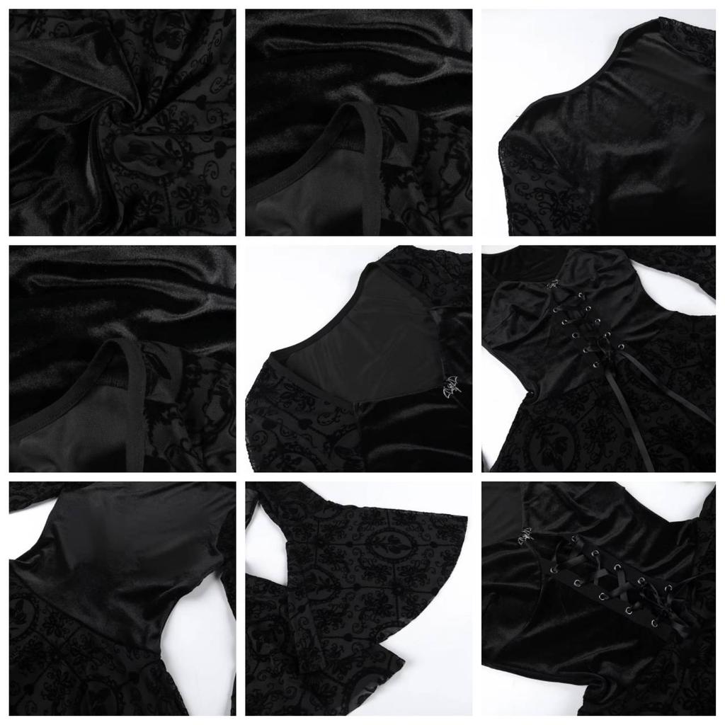 Gothic Goth Dark Elegant Vintage Velvet Dress Grunge Punk Bandage Women Flare Sleeve Party Outfit