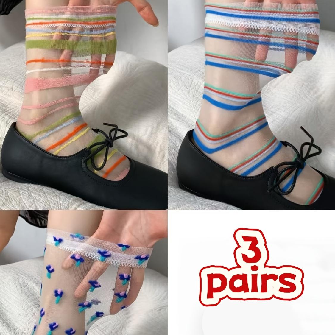3 Pairs Women Thin Sheer Mid Calf Socks Colorful Striped Floral Crystal Stockings 3 pairs(6pcs)