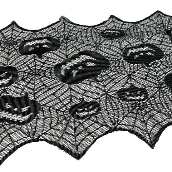 Halloween Tischläufer, 70 x 15 Zoll Schwarzer Spitzen-Spinnennetz-Tischläufer, Gruselige Gotische Kürbis-Esstischdekoration für Halloween-Küchendekor,