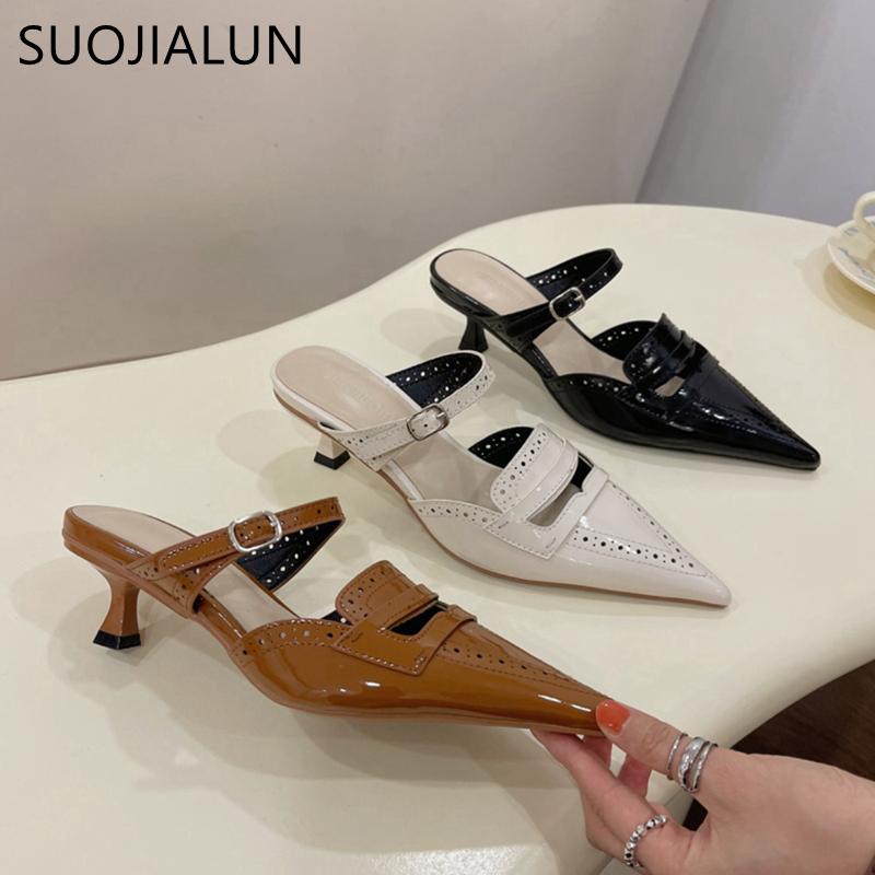 Fashion SUOJIALUN 2024 Spring New Brand Women Slipper fashion Pointed Toe Slip On Mules Shoes Thin High Heel Outdoor Dress Sandal Pumps