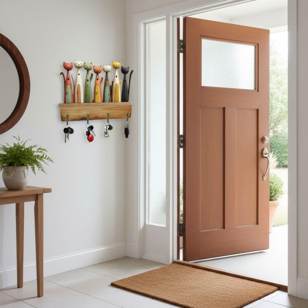 Kleurrijk Kattenpatroon Sleutelhaak Houten Sleutelhangerhouder Handige Wand Sleutelhouder Veranda Decoratie