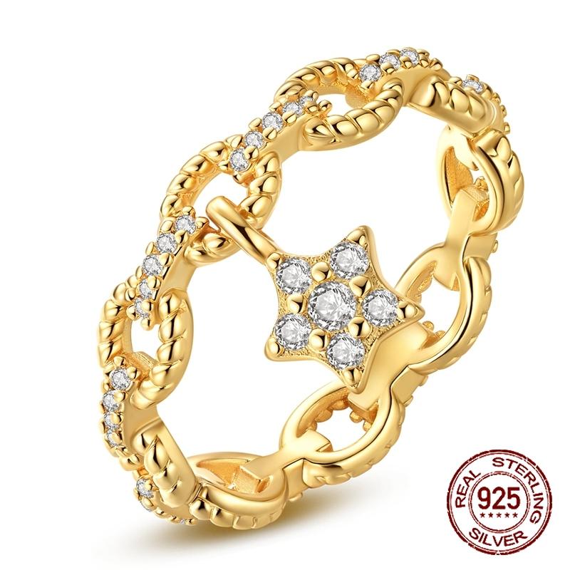 Original 925 Sterling Silver Golden Star Chain Rings for Women Girls Jewelry Birthday Anniversary Gifts