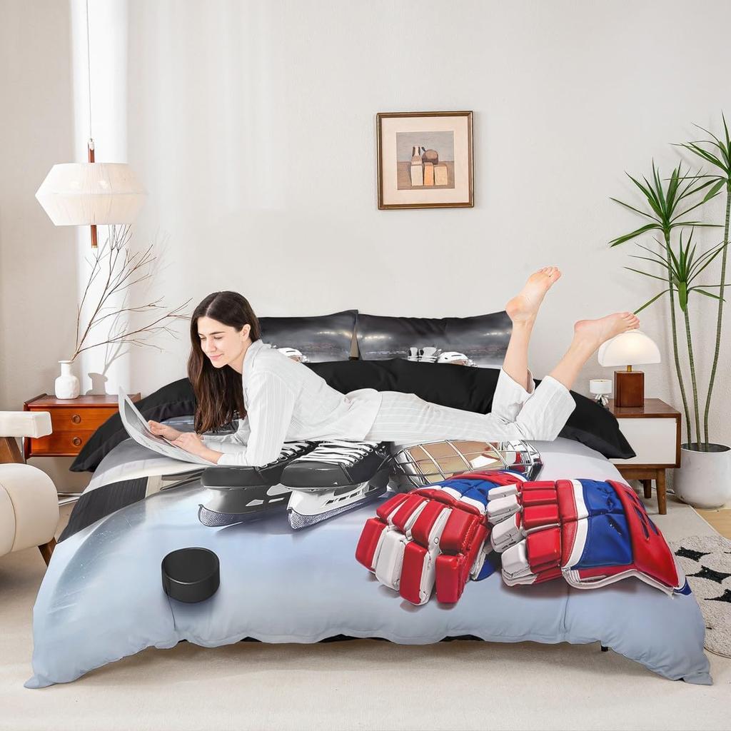 Erosebridal Ice Hockey Bedding Set Twin Hockey Player Duvet Cover for Kids Boys Girls Teens Juvenile Sports Game Comforter Cover Set Soft Mi