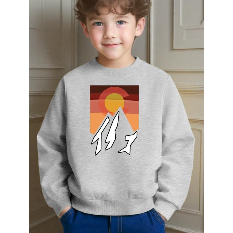 Casual Fashion Kids Crew Neck Sweatshirt with Mountain And Sun Print for Daily School And Sports Activities